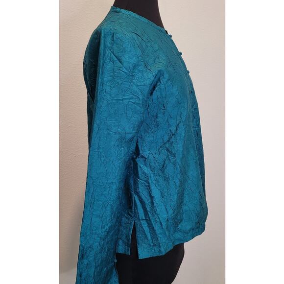 VTG Eileen Fisher Luxury Teal Silk Asian Inspired Jacket Polished Style Small - Picture 2 of 7